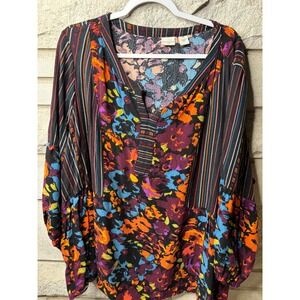 Westbound Woman 3X Floral Striped Mixed Print Boho Balloon Sleeve Rayon Blouse